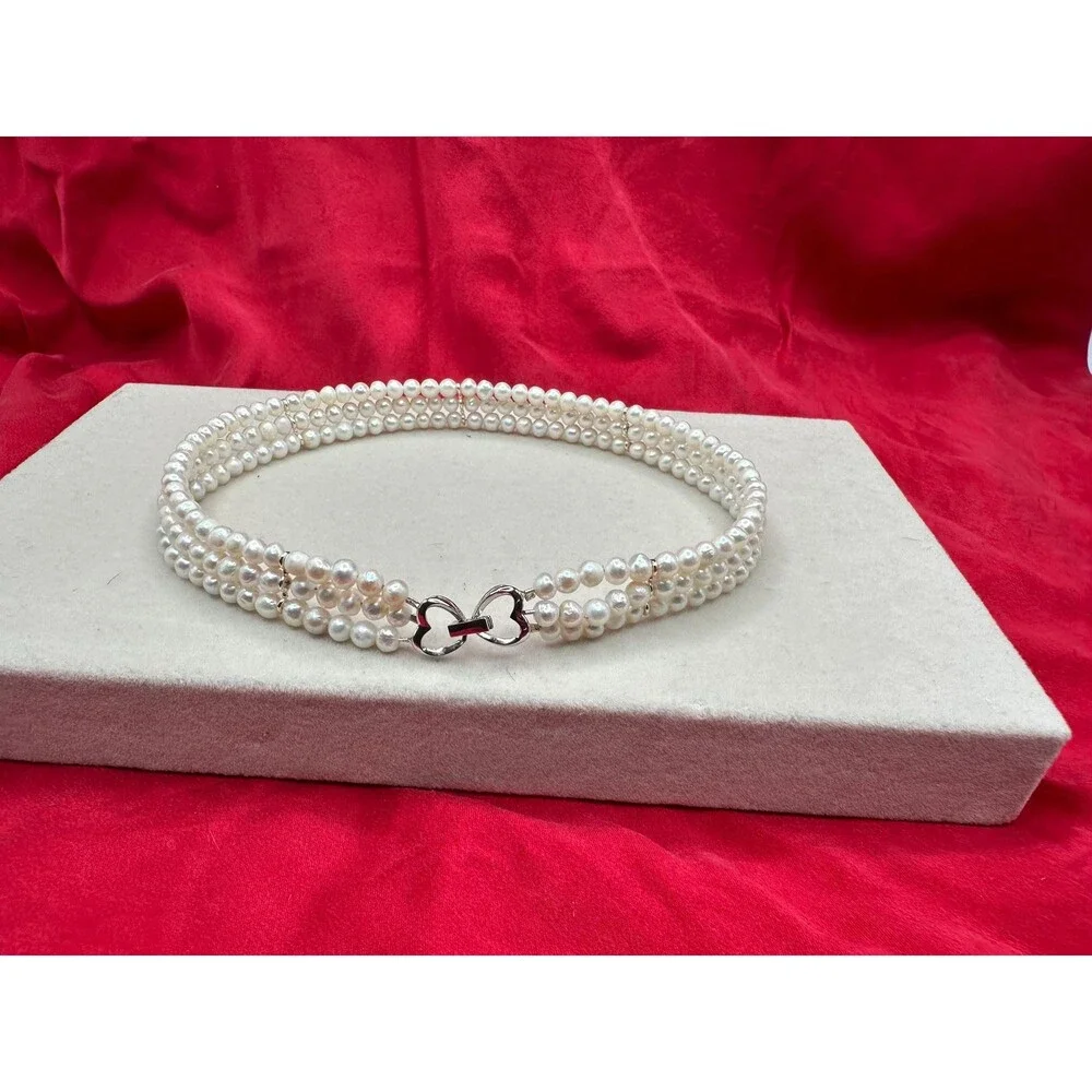 Triple-Strand Freshwater Pearl Collar, 925 sterling silver, White natural pearl